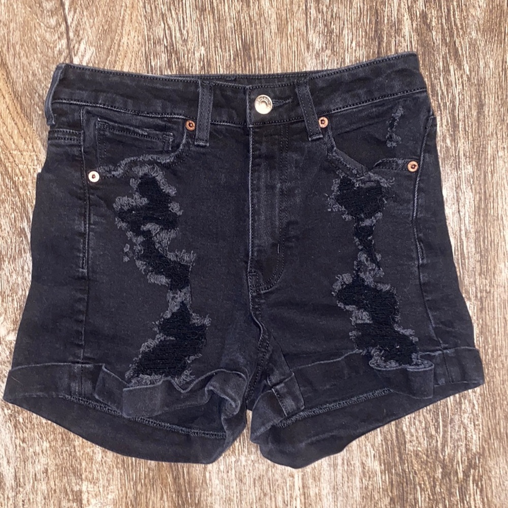 American Eagle • black, distressed high-waisted denim shorts, Size 2 stretch